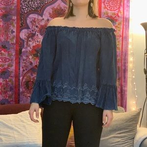 Off the shoulder faux denim blouse